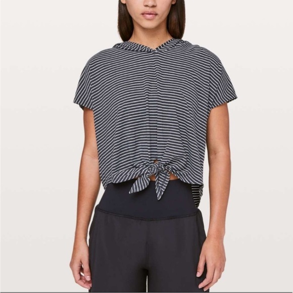 Lululemon Knot Gonna Fly Hoodie Striped Gray Tie Front Short Sleeve shirt 8 - Picture 2 of 12